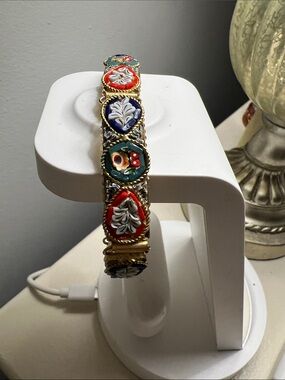 Gold-Tone Micro Mosaic Floral Link Bracelet with Multicolor Enamel Made in Italy